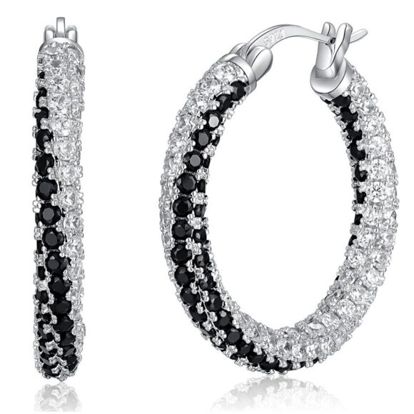 14K White Gold 925 Silver Black Onyx and Diamond Cubic Zirconia Hoop Earrings - Picture 1 of 6